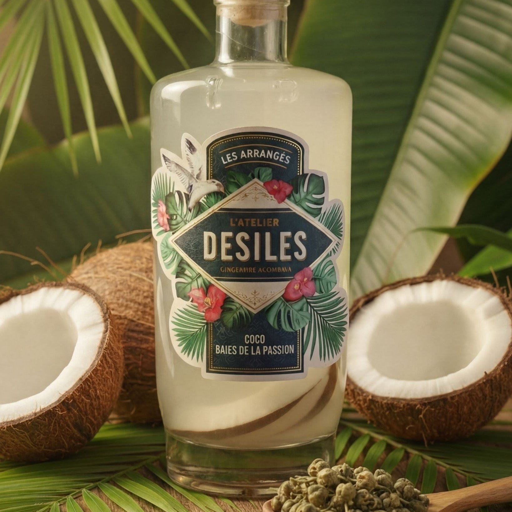 Bouteille de rhum arrangé artisanal Coco & Baie de la Passion, 70cl, L'Atelier DESILES, La Réunion